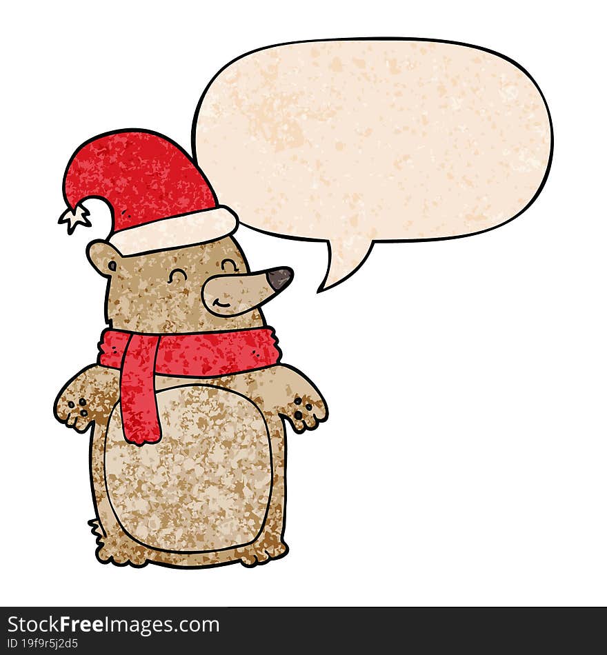 cartoon christmas bear and speech bubble in retro texture style