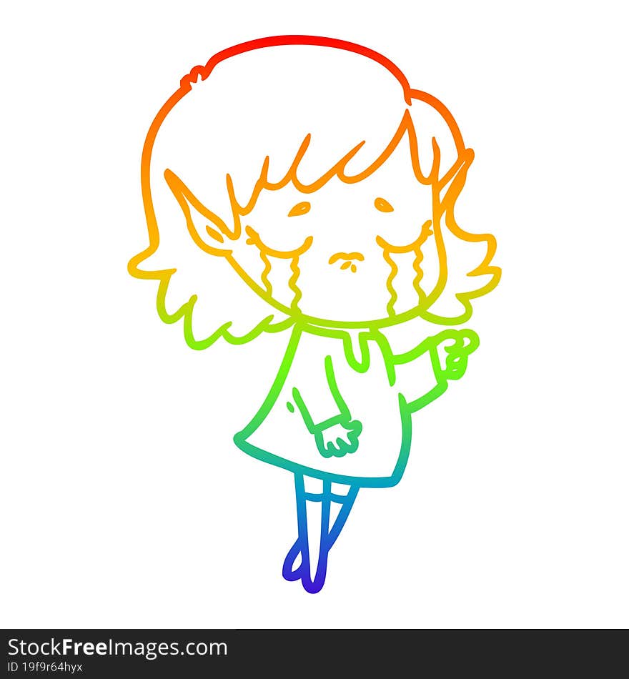 rainbow gradient line drawing cartoon crying elf girl