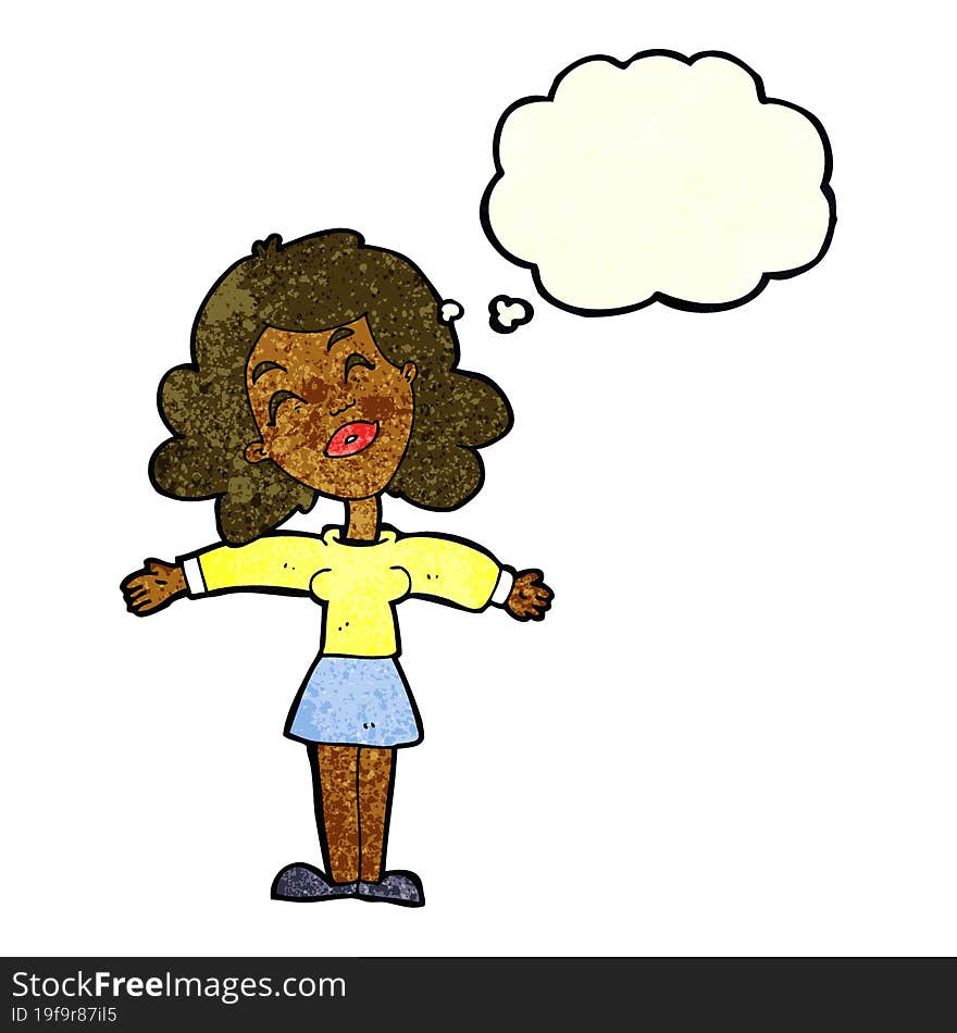 cartoon woman with open arms with thought bubble