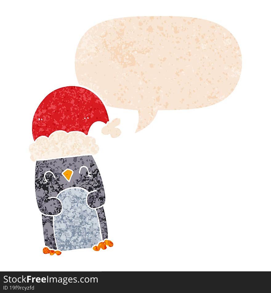 cartoon penguin and speech bubble in retro textured style