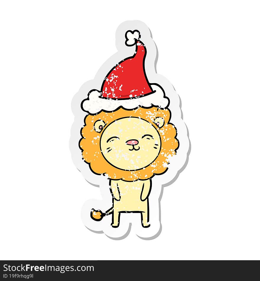 hand drawn distressed sticker cartoon of a lion wearing santa hat