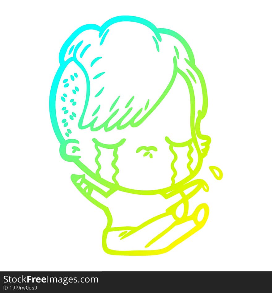 cold gradient line drawing of a cartoon crying girl