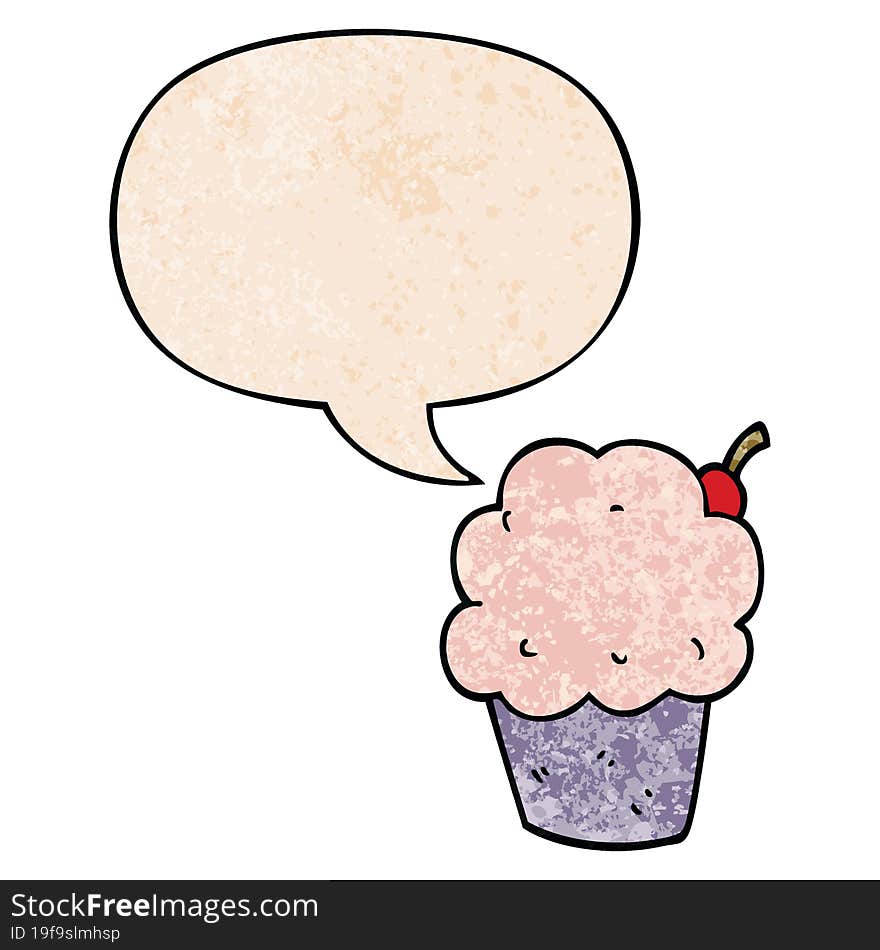 cartoon cupcake with speech bubble in retro texture style