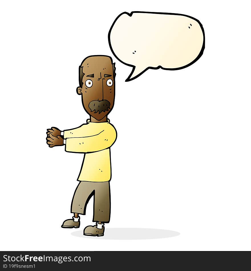 cartoon balding man explaining with speech bubble