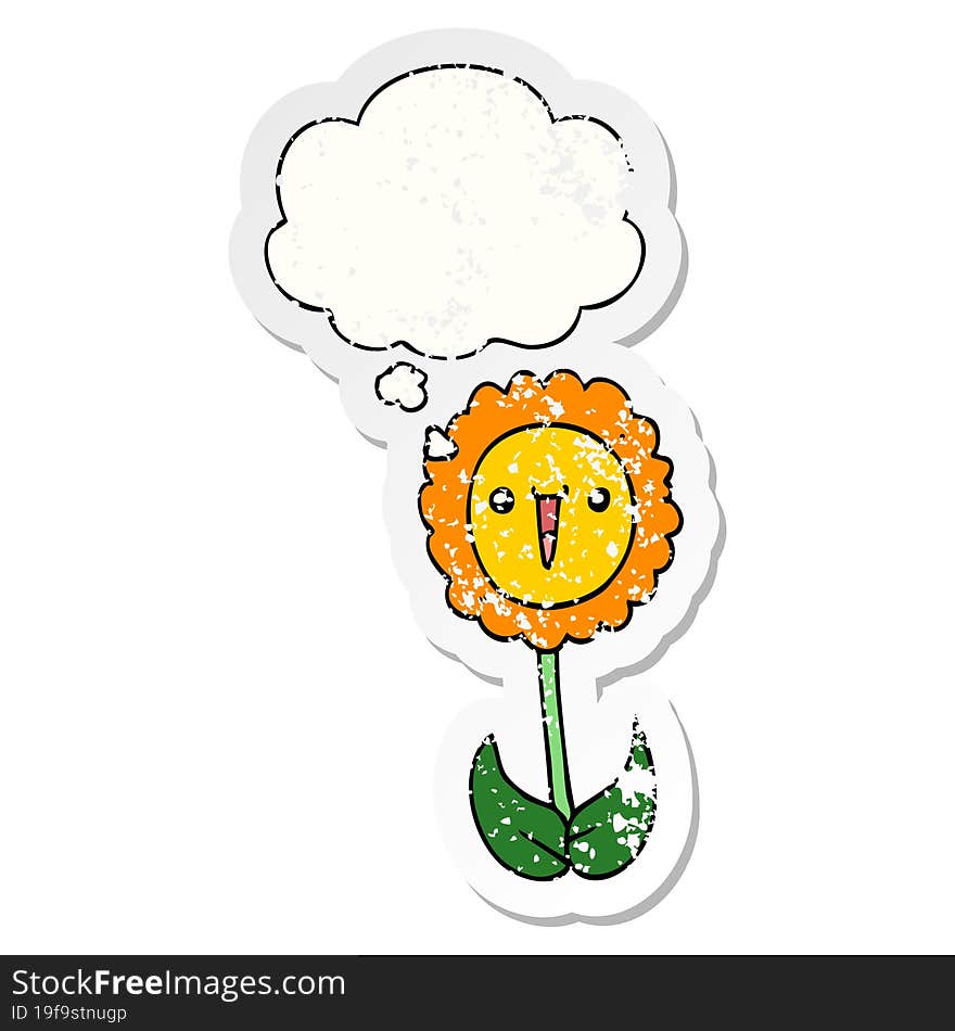 cartoon flower with thought bubble as a distressed worn sticker