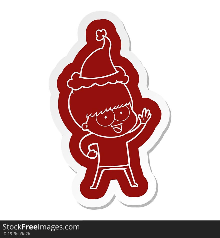 happy quirky cartoon  sticker of a boy wearing santa hat