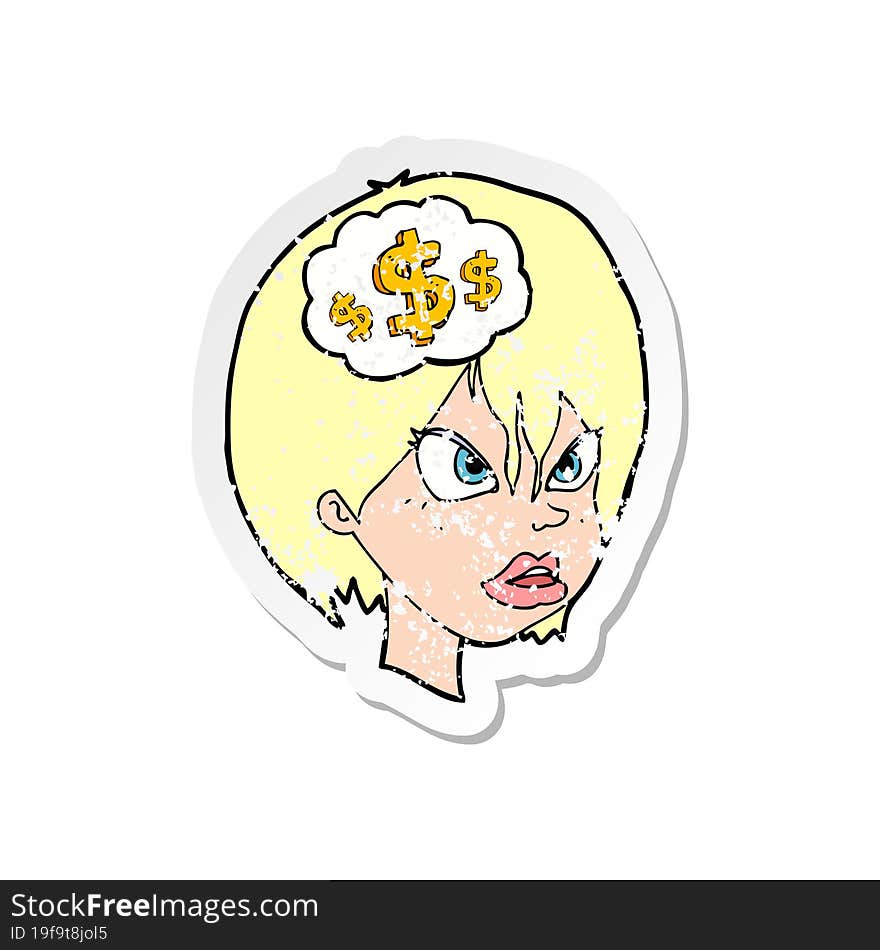 retro distressed sticker of a cartoon woman thinking about money