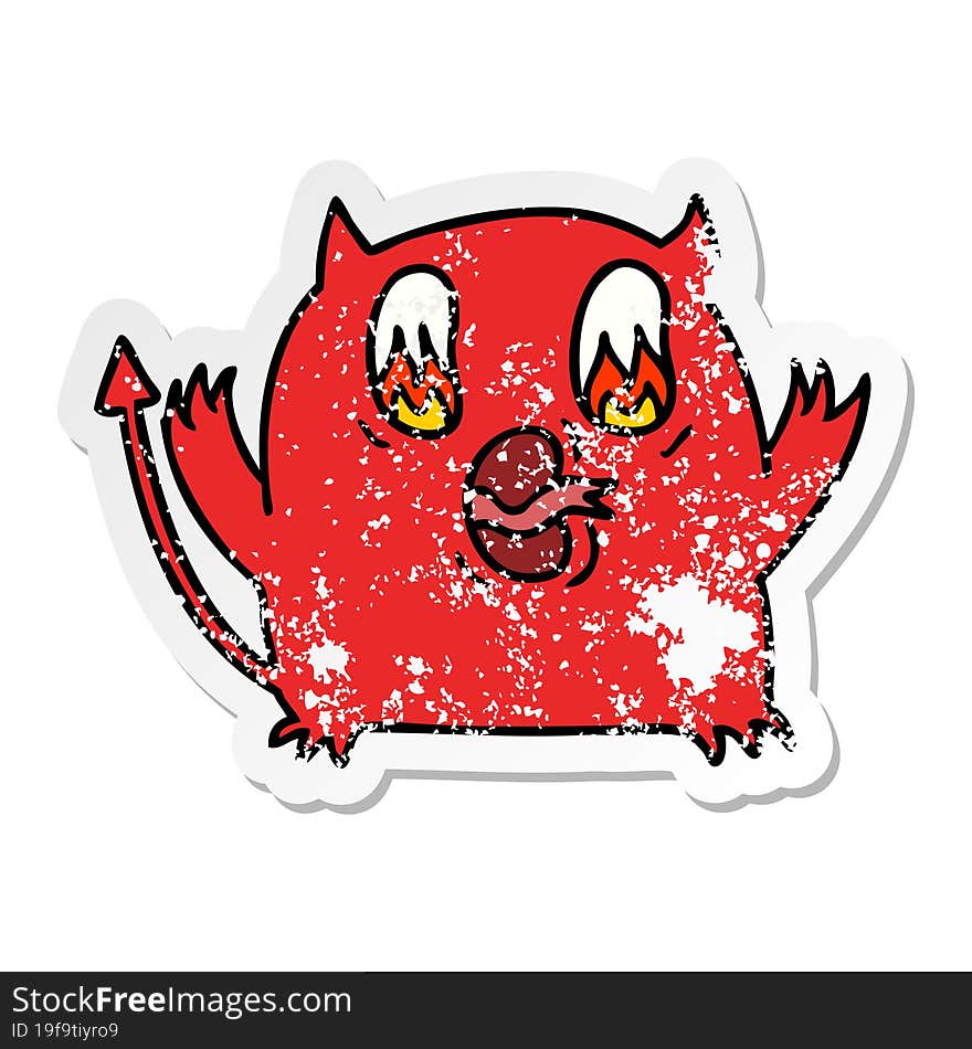 freehand drawn distressed sticker cartoon of cute kawaii red demon