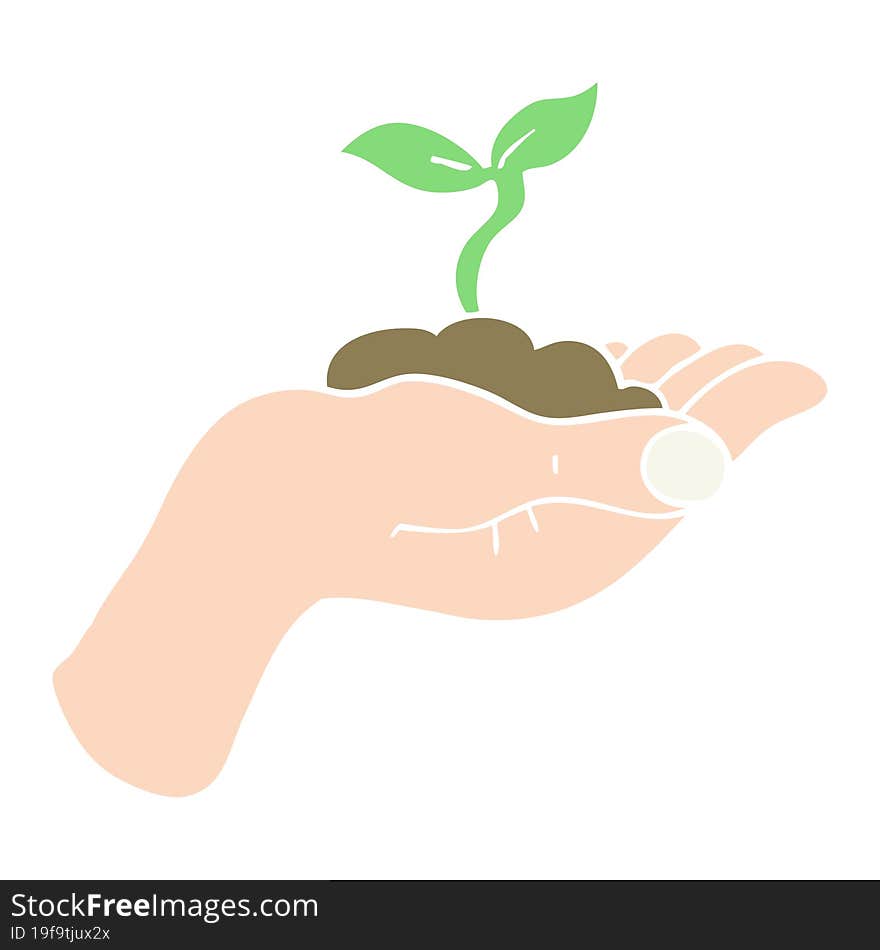 flat color illustration of seedling growing held in hand. flat color illustration of seedling growing held in hand