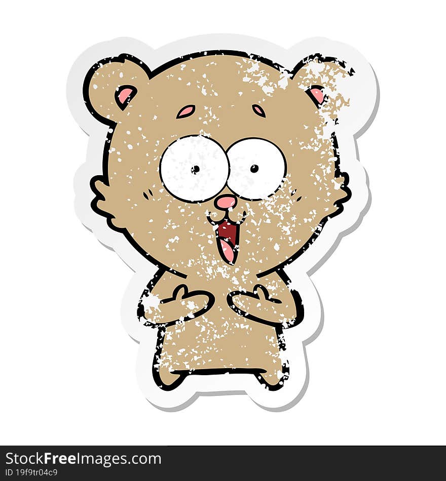 distressed sticker of a laughing teddy  bear cartoon