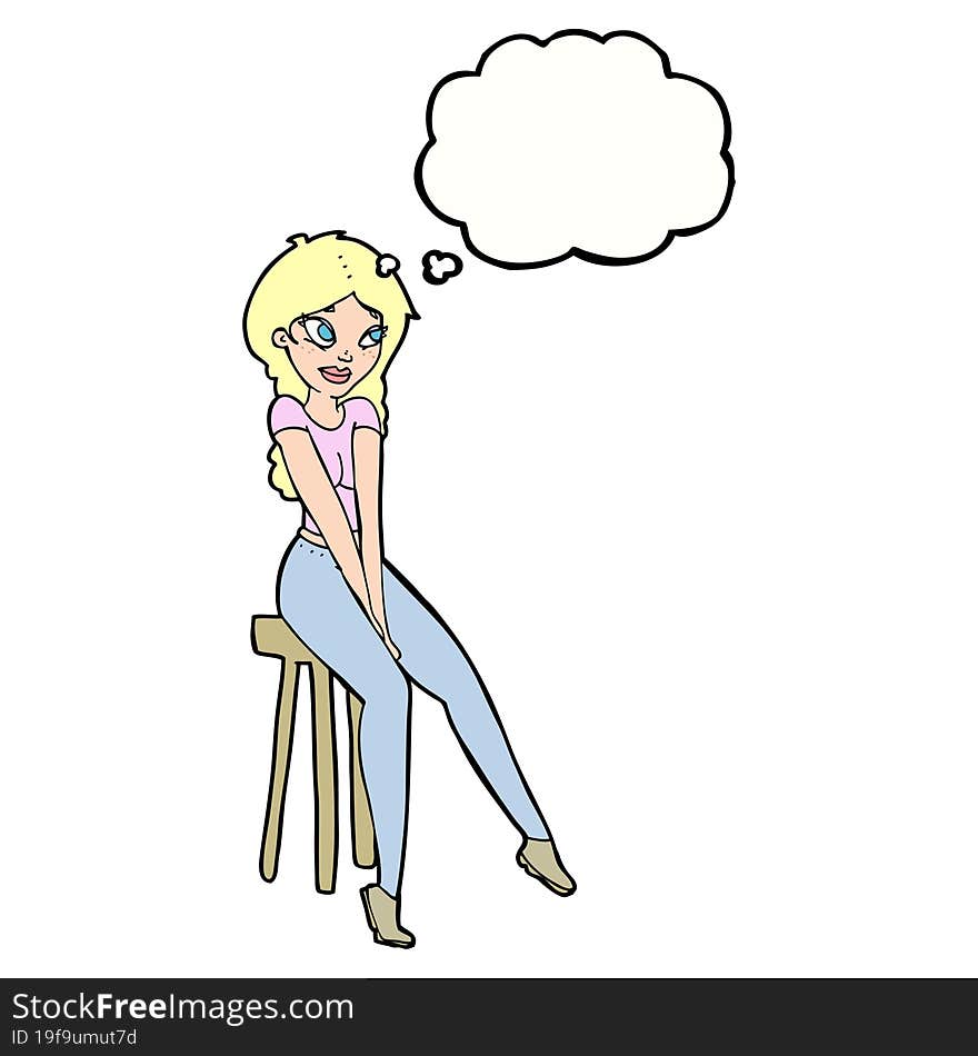 cartoon pretty girl on stool with thought bubble