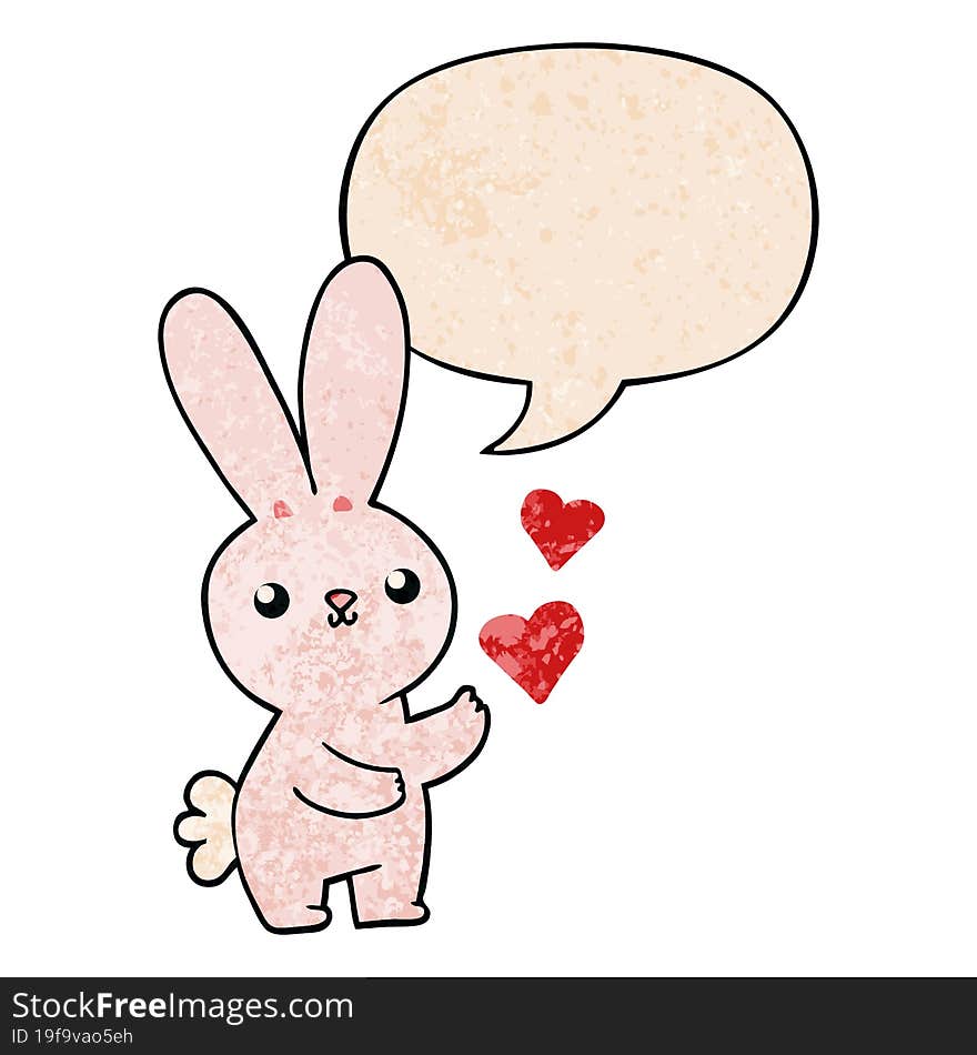 cute cartoon rabbit and love hearts and speech bubble in retro texture style