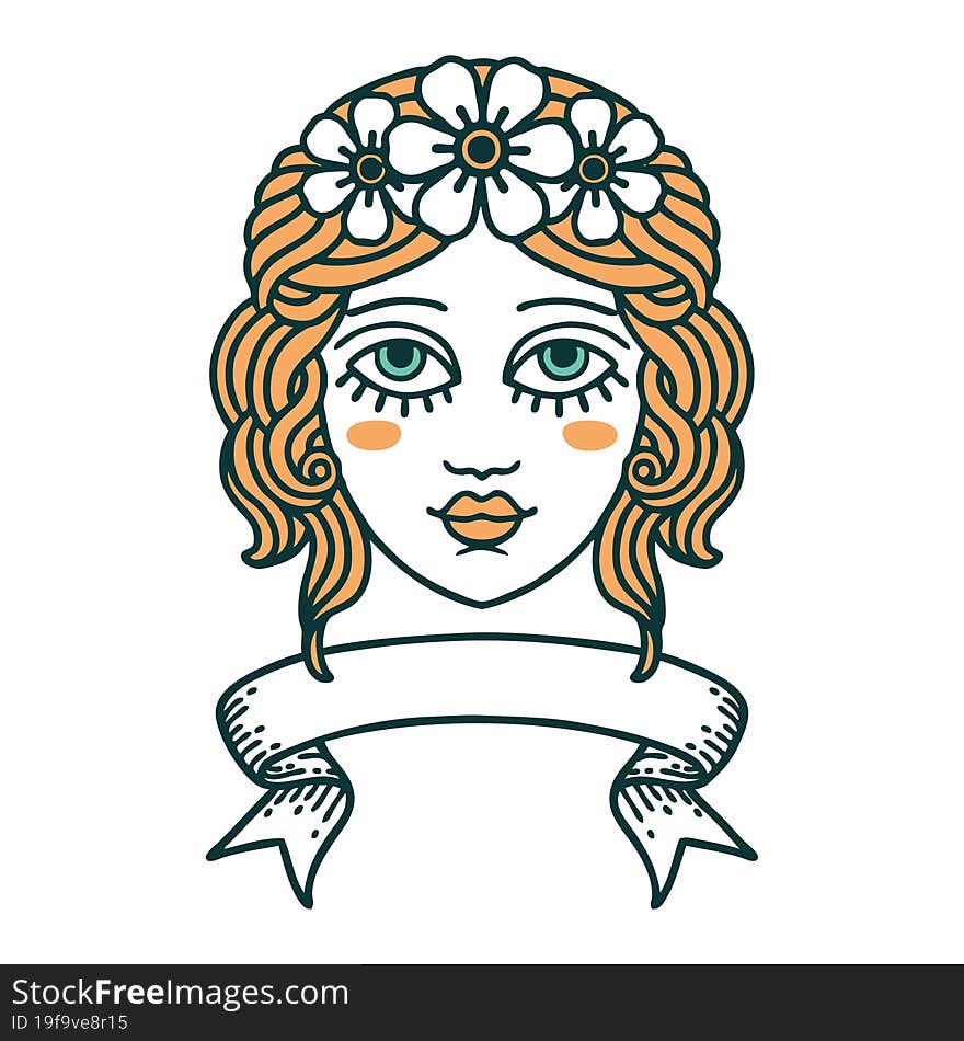 tattoo with banner of female face with crown of flowers