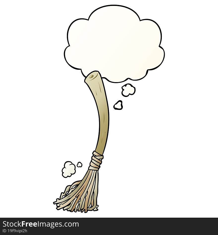 cartoon magic broom and thought bubble in smooth gradient style