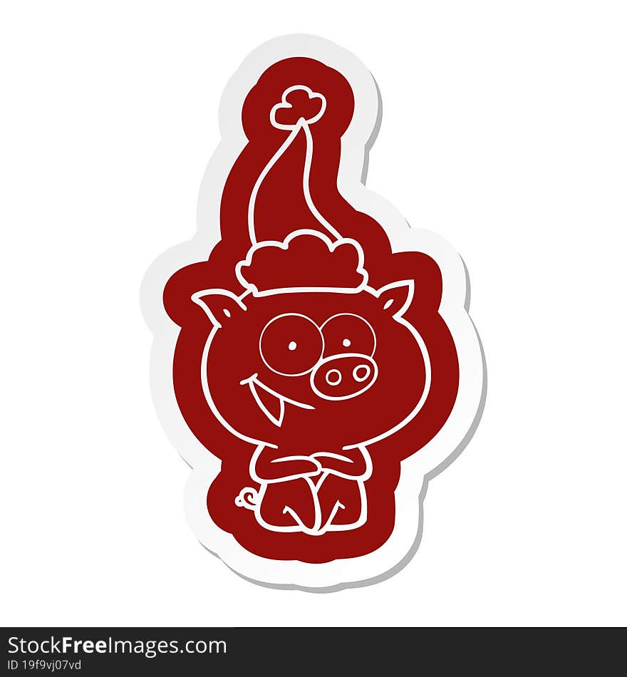 cheerful sitting pig cartoon  sticker of a wearing santa hat