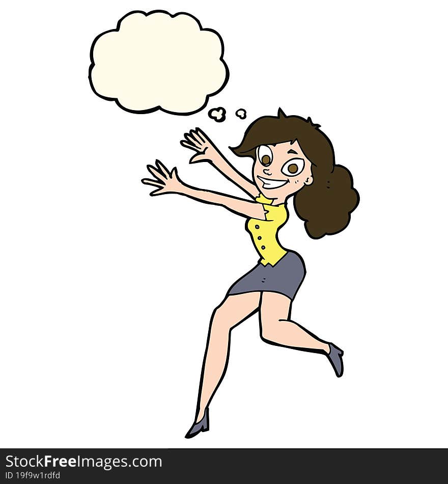 cartoon happy woman jumping with thought bubble