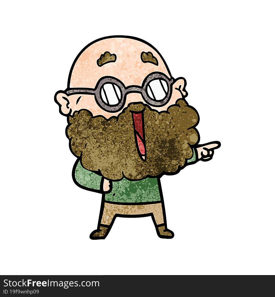 cartoon joyful man with beard pointing finger. cartoon joyful man with beard pointing finger