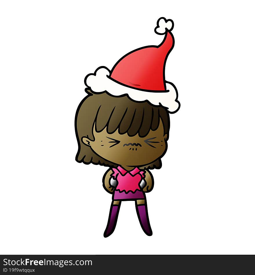 annoyed gradient cartoon of a girl wearing santa hat