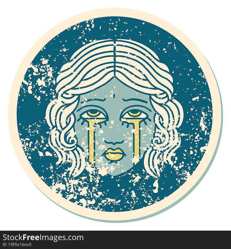 Distressed Sticker Tattoo Style Icon Of Female Face Crying