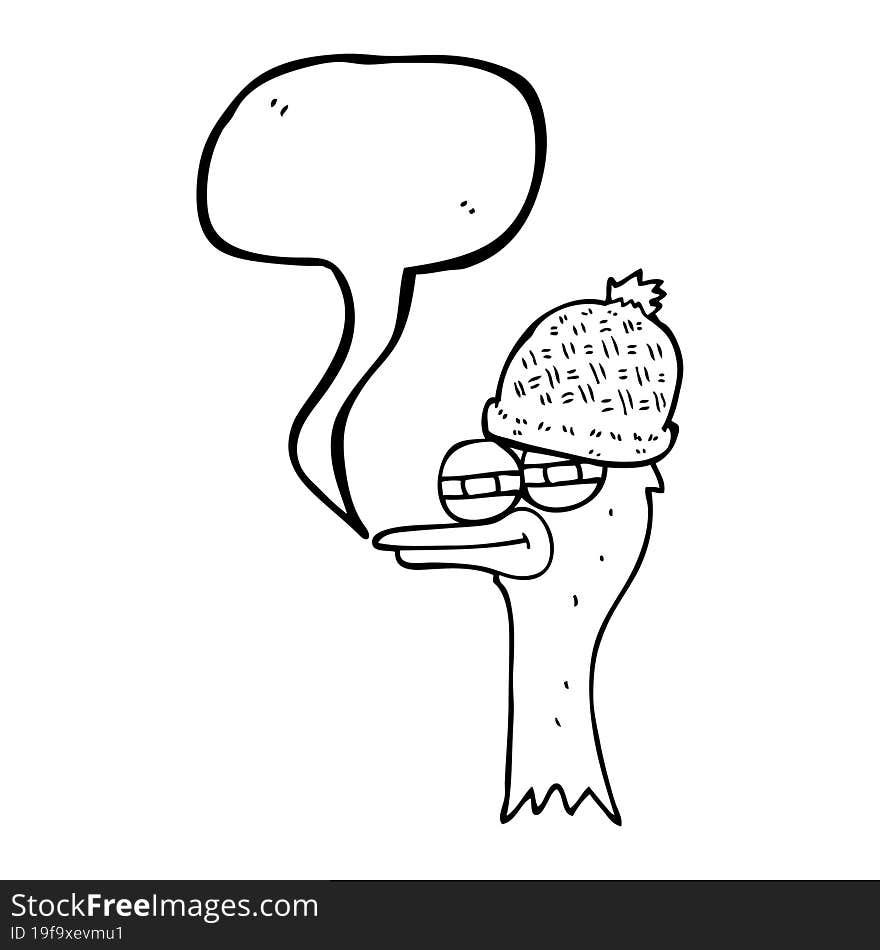 freehand drawn speech bubble cartoon bird wearing hat