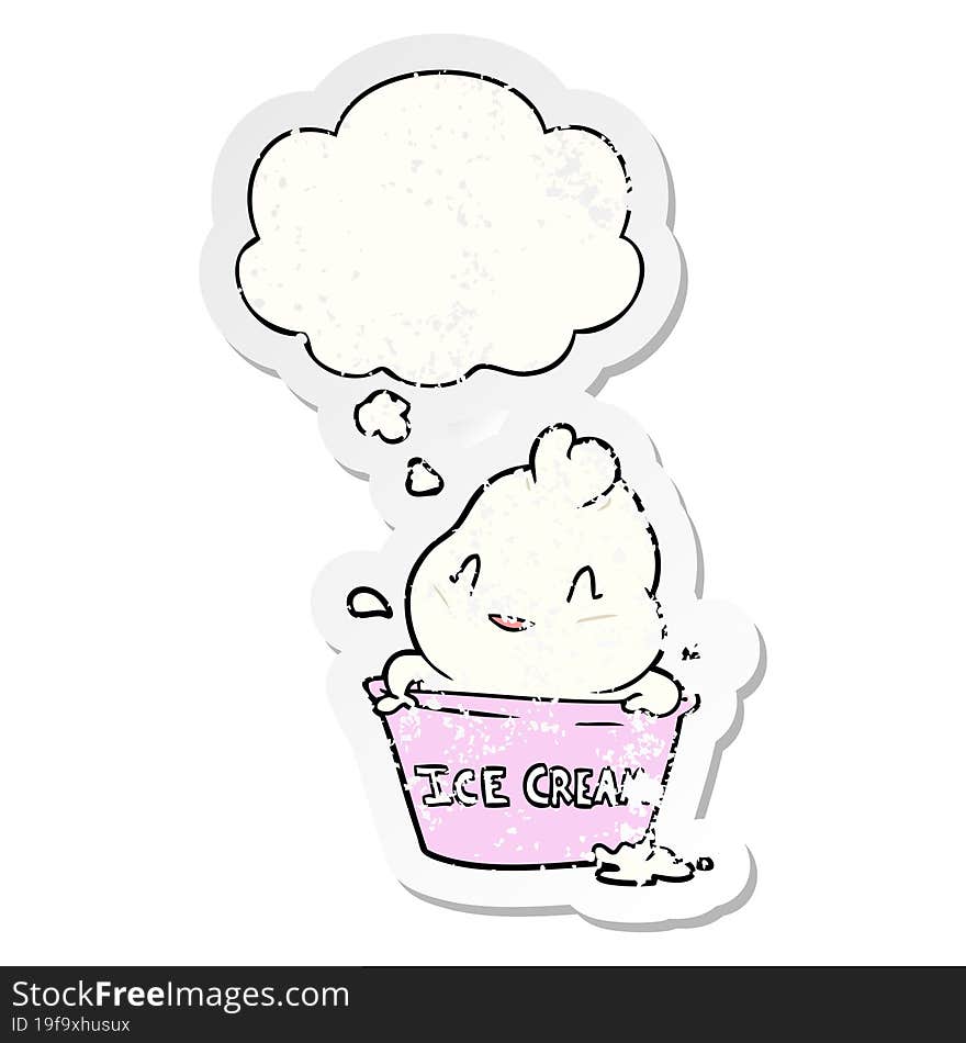 cute cartoon ice cream and thought bubble as a distressed worn sticker