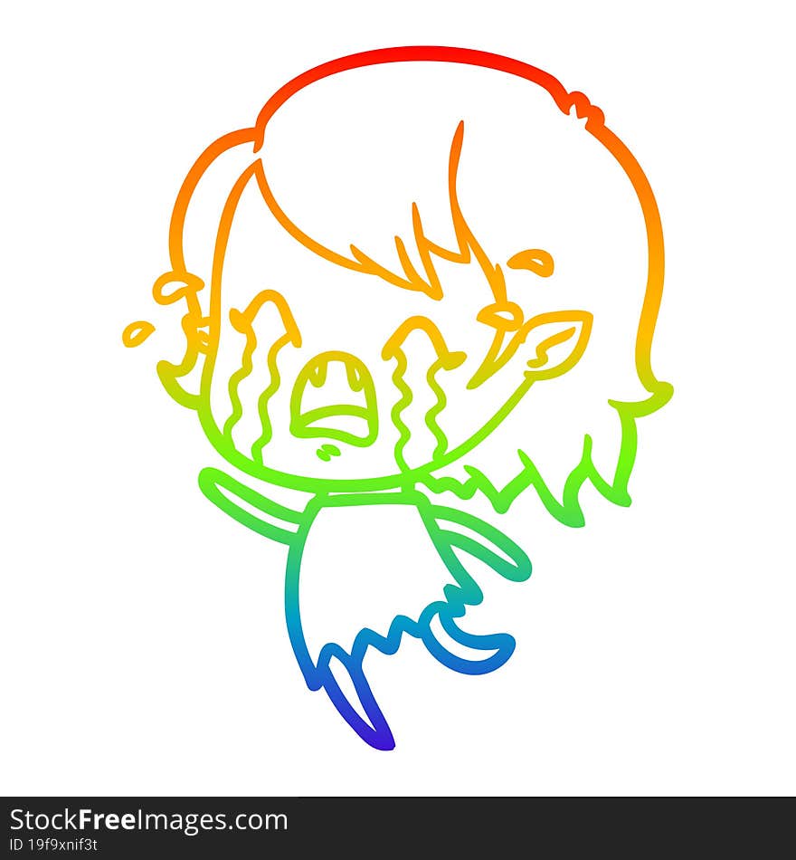 rainbow gradient line drawing cartoon crying vampire girl