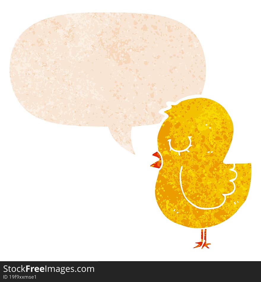 cartoon bird and speech bubble in retro textured style