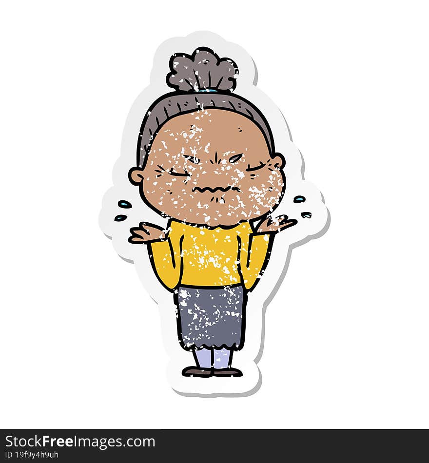 Distressed Sticker Of A Cartoon Annoyed Old Lady