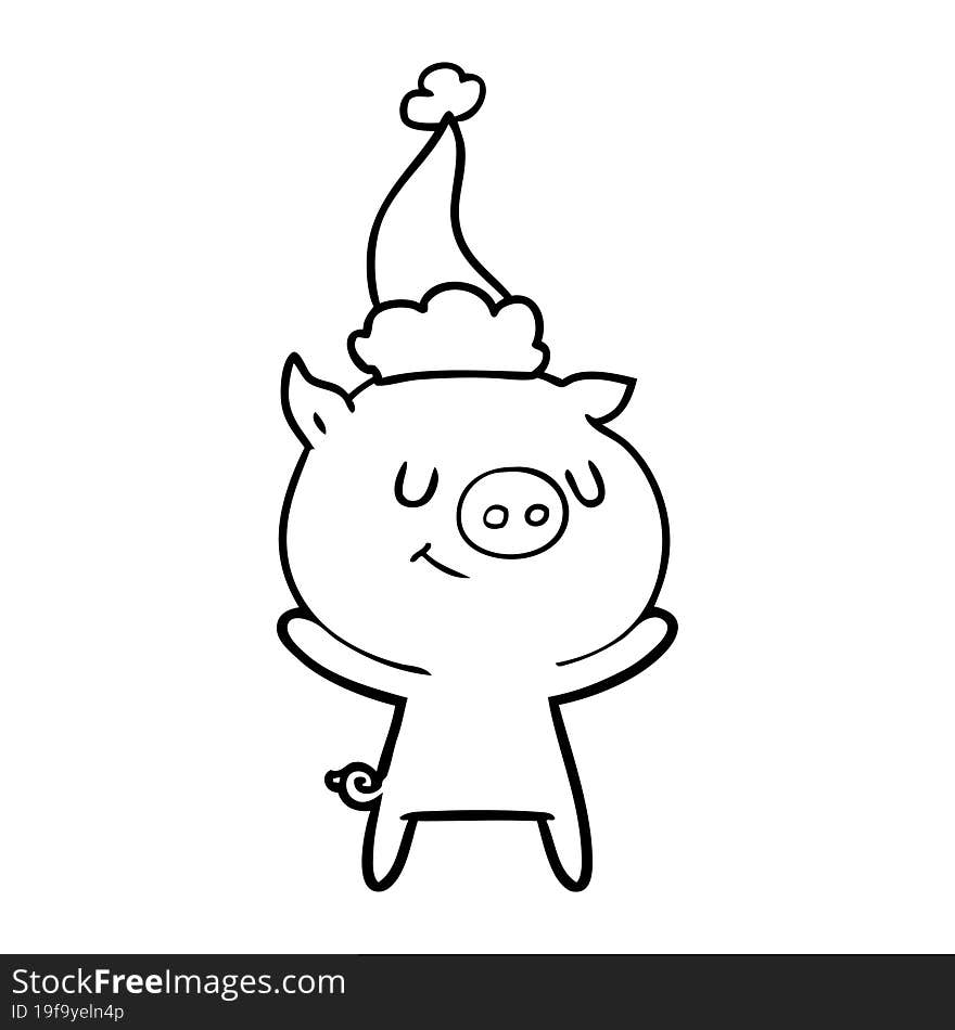 happy line drawing of a pig wearing santa hat