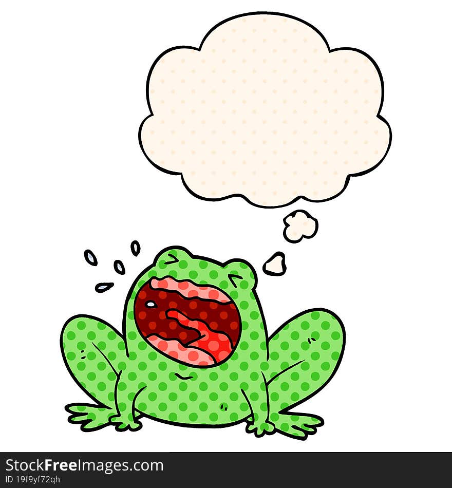 cartoon frog shouting with thought bubble in comic book style