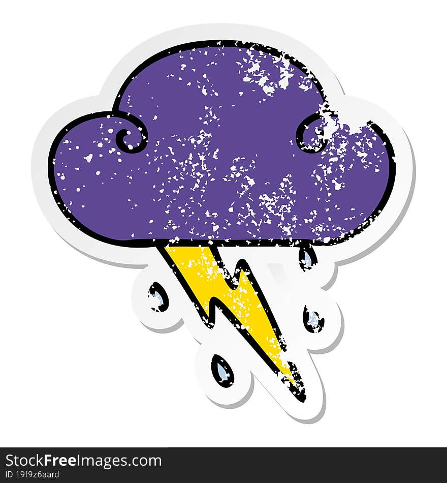 distressed sticker of a quirky hand drawn cartoon thunder cloud