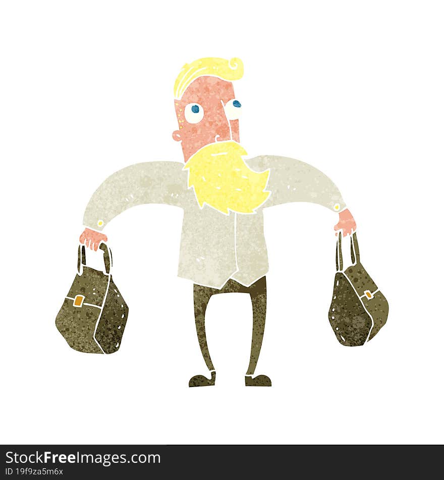 cartoon hipster man carrying bags