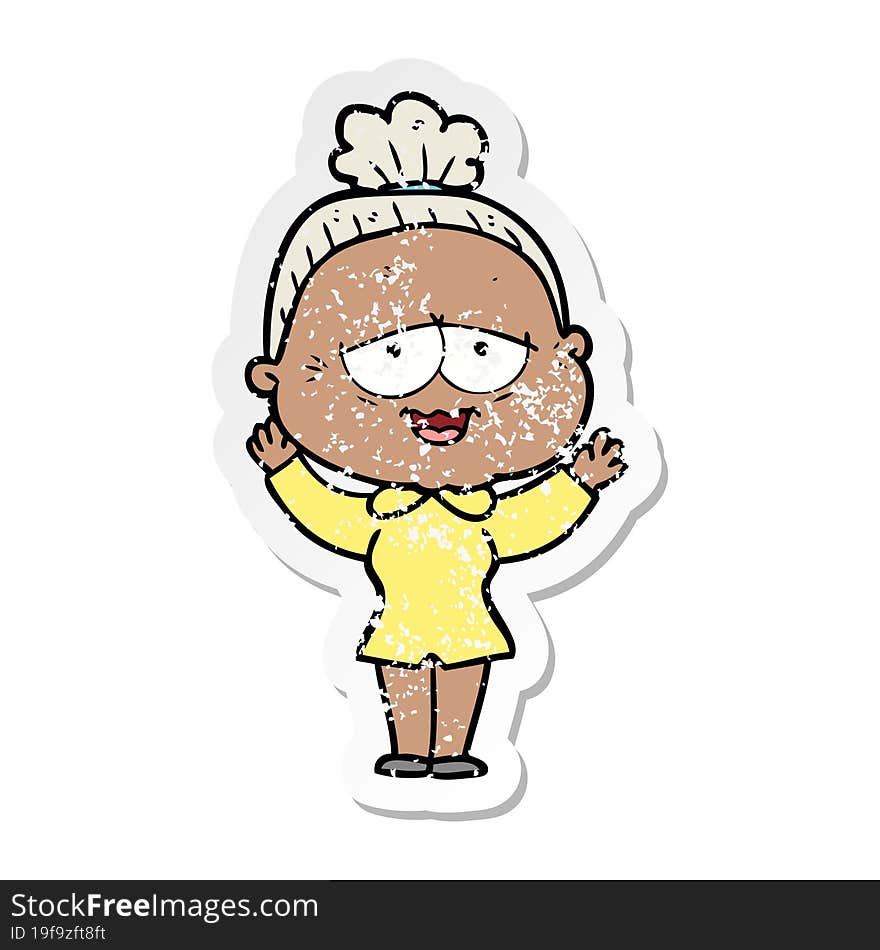 distressed sticker of a cartoon happy old lady