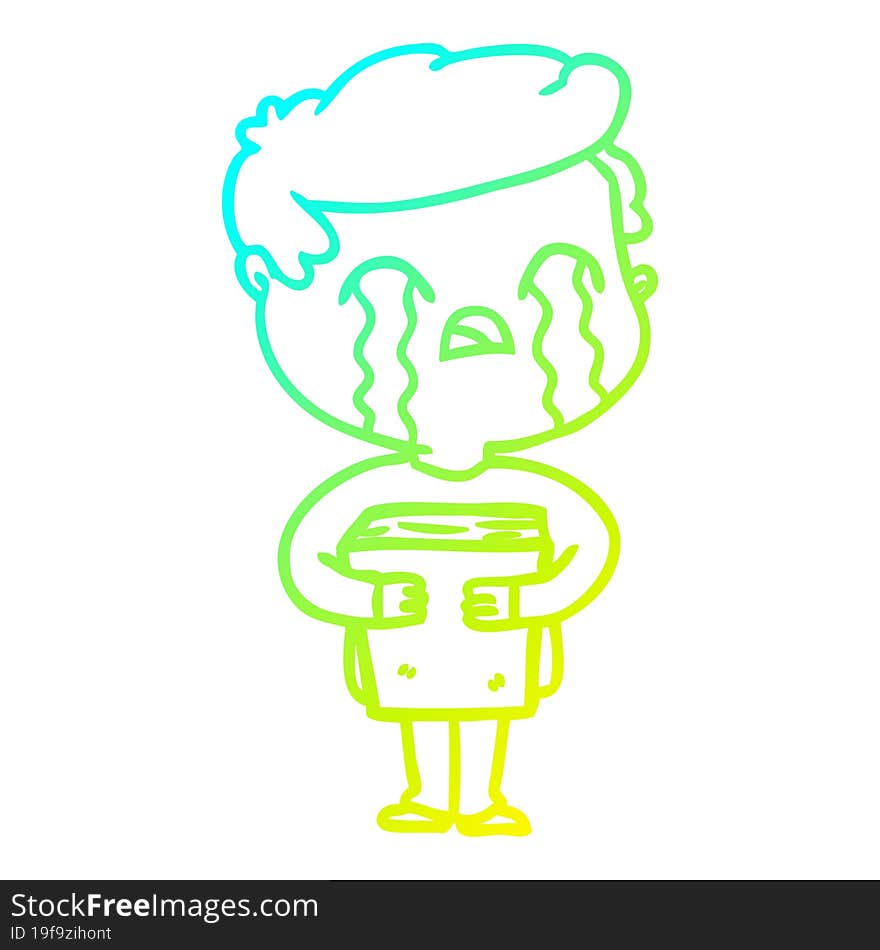 cold gradient line drawing cartoon man crying holding book