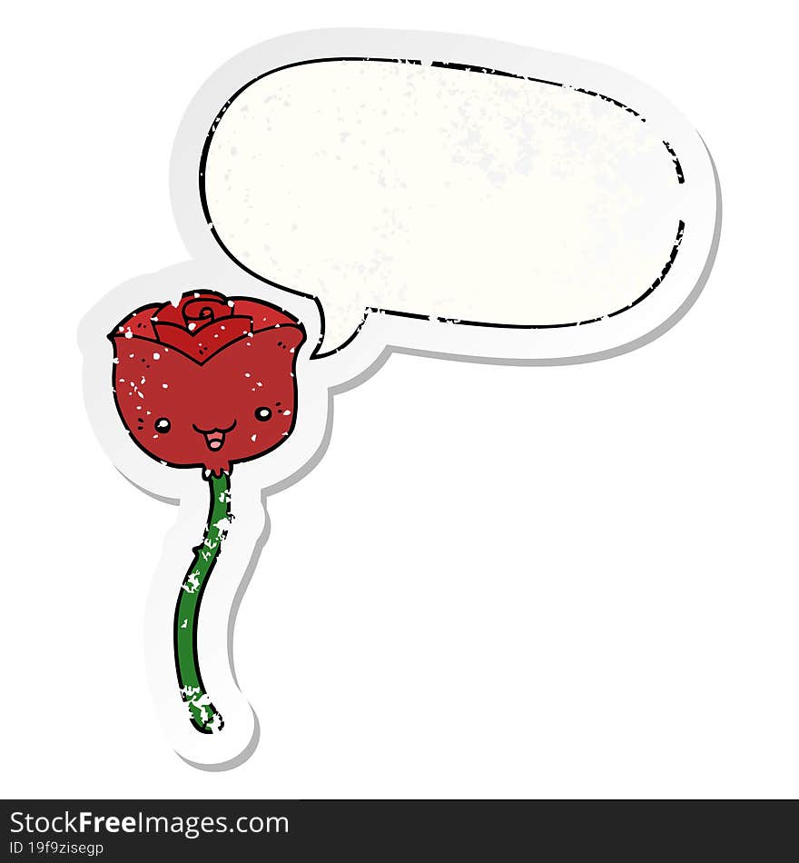 cartoon flower with speech bubble distressed distressed old sticker. cartoon flower with speech bubble distressed distressed old sticker