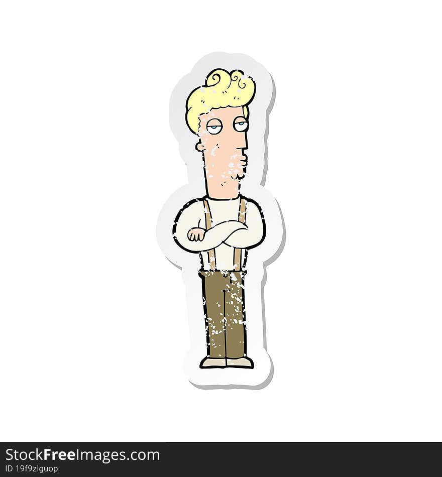 retro distressed sticker of a cartoon unimpressed man