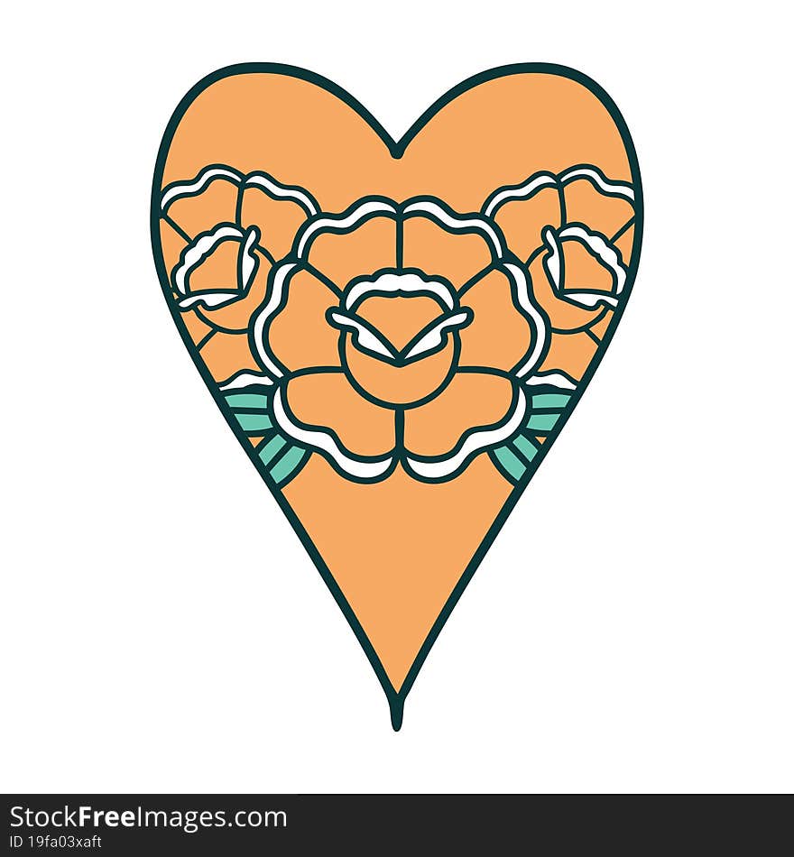 iconic tattoo style image of a heart and flowers. iconic tattoo style image of a heart and flowers