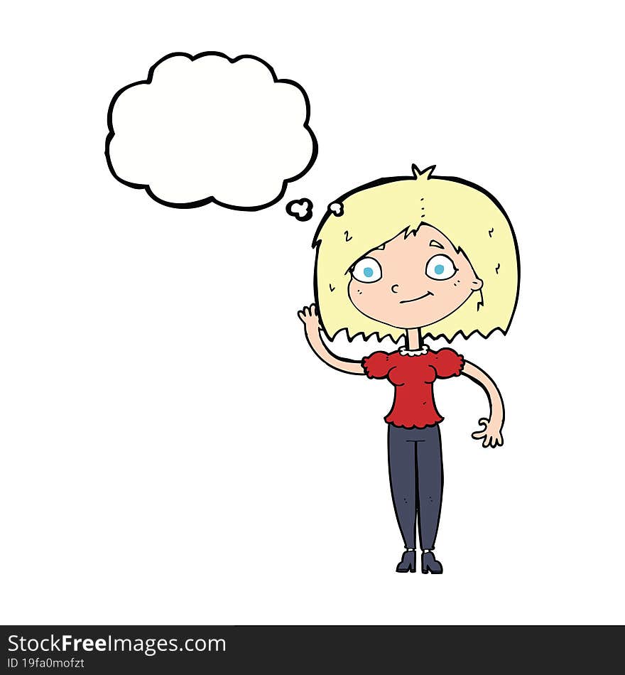 cartoon woman waving with thought bubble