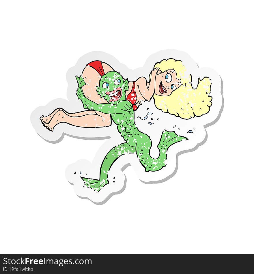 retro distressed sticker of a cartoon swamp monster carrying girl in bikini