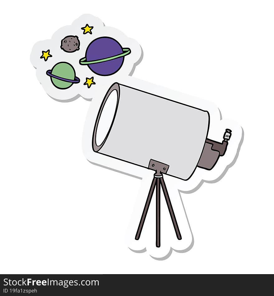 sticker of a cartoon telescope looking at planets