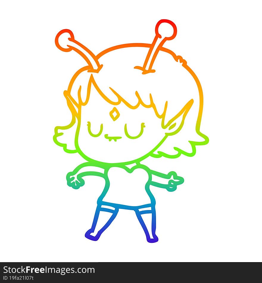 rainbow gradient line drawing of a cartoon alien girl