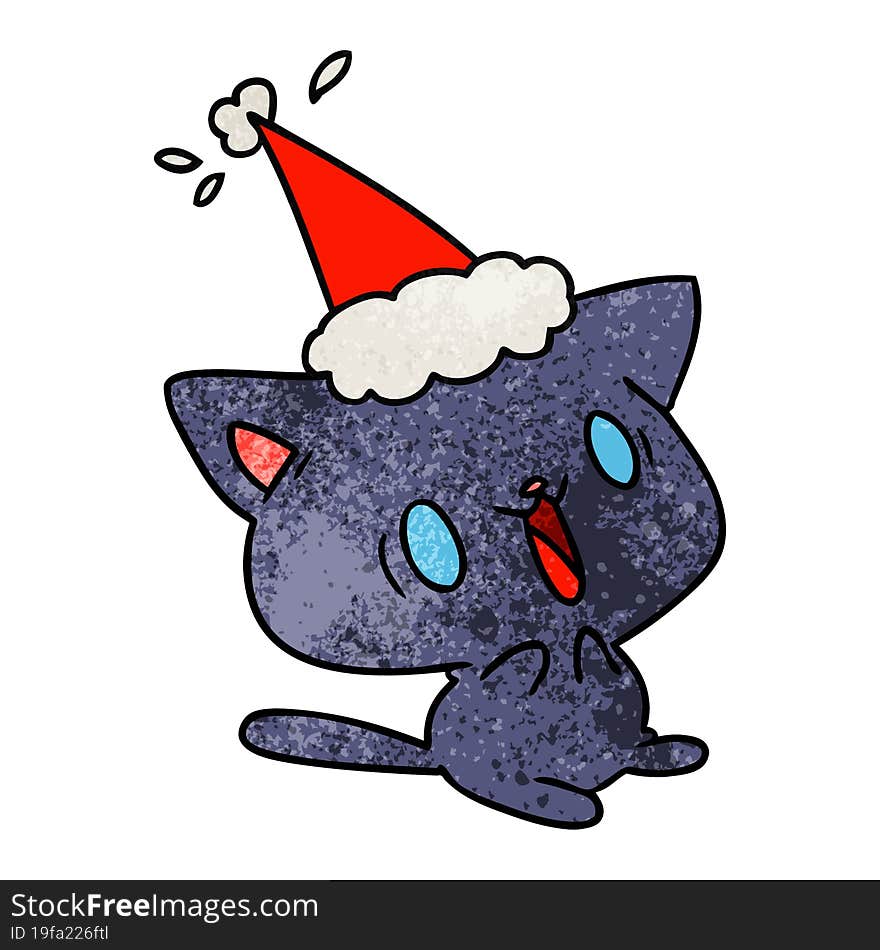 hand drawn christmas textured cartoon of kawaii cat