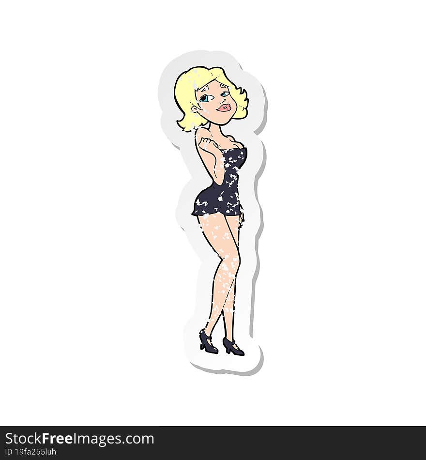 retro distressed sticker of a cartoon attractive woman in short dress