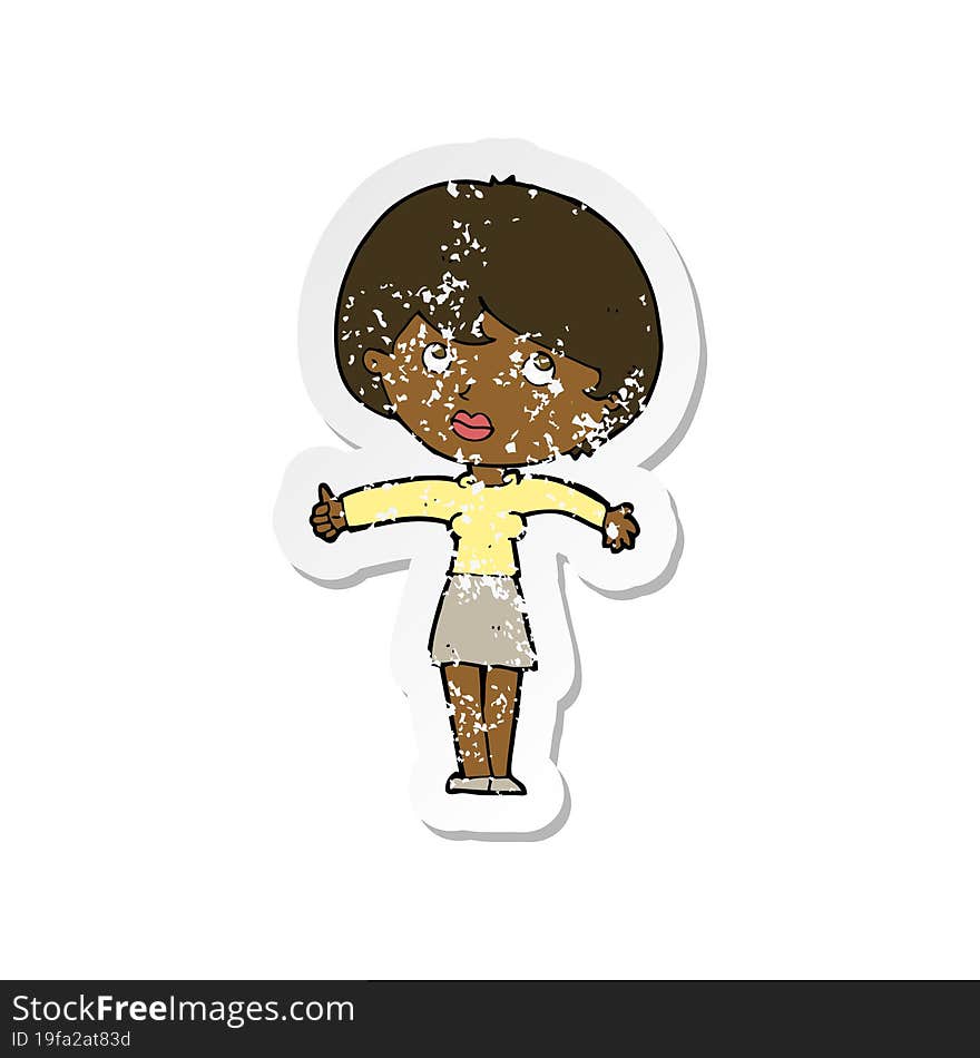 retro distressed sticker of a cartoon woman giving thumbs up