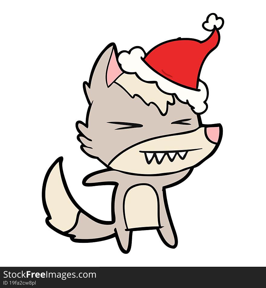 angry wolf line drawing of a wearing santa hat