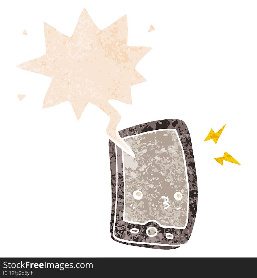 cartoon mobile phone and speech bubble in retro textured style