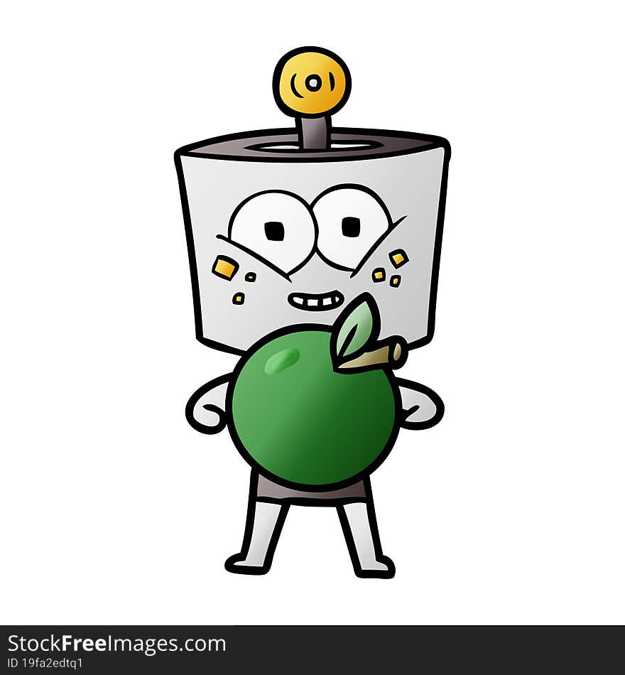 happy cartoon robot with apple. happy cartoon robot with apple