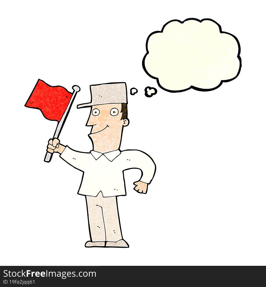 cartoon man waving flag with thought bubble