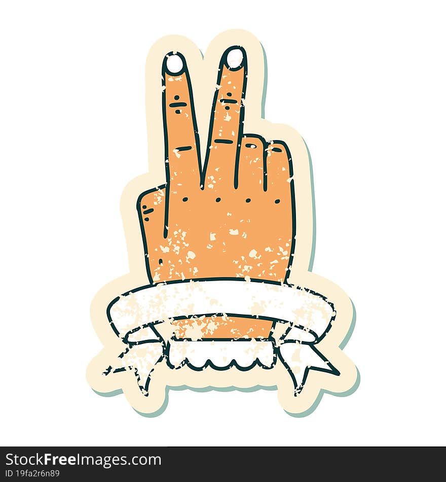 grunge sticker of a victory v hand gesture with banner. grunge sticker of a victory v hand gesture with banner