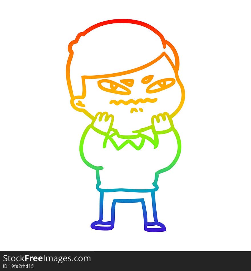 rainbow gradient line drawing of a cartoon angry man